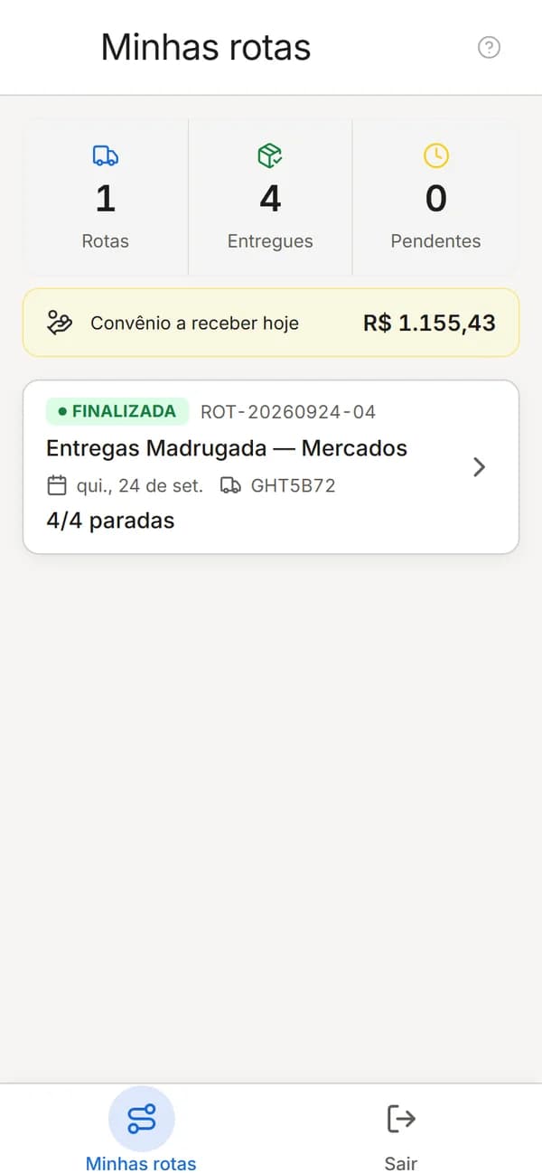 App do motorista com rotas, entregas feitas e valor a receber no dia