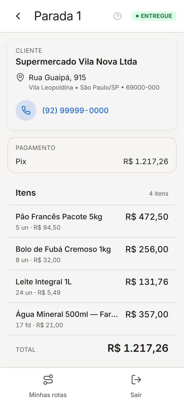 Parada entregue com cliente, forma de pagamento e itens