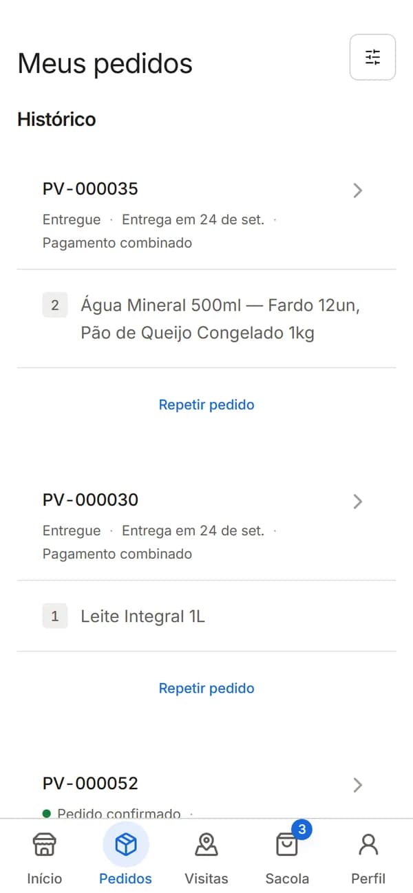Histórico de pedidos do cliente com opção de repetir pedido
