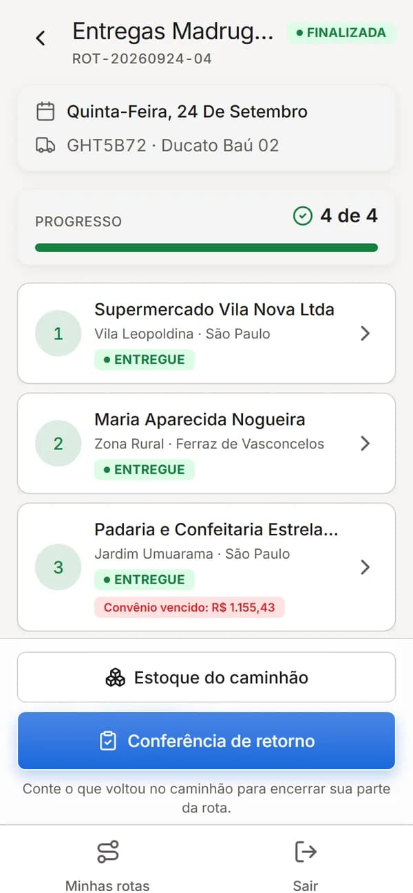 Rota no app do motorista com paradas em ordem e progresso