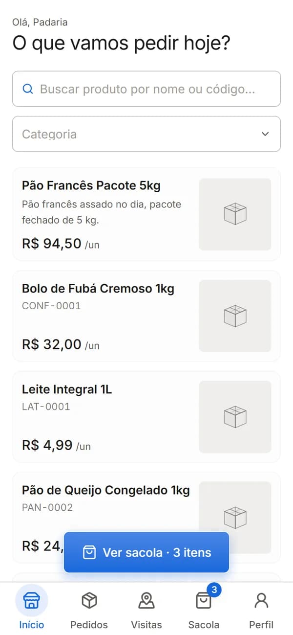 Portal do cliente com catálogo de produtos e sacola