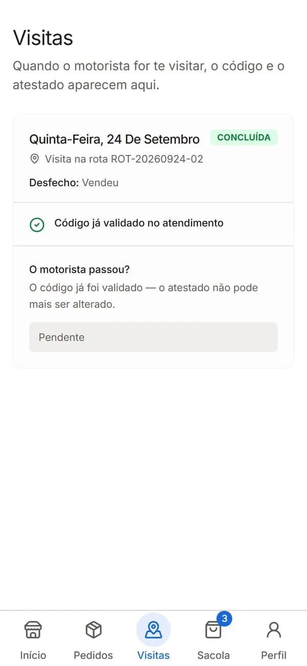 Visitas do motorista com código de entrega validado