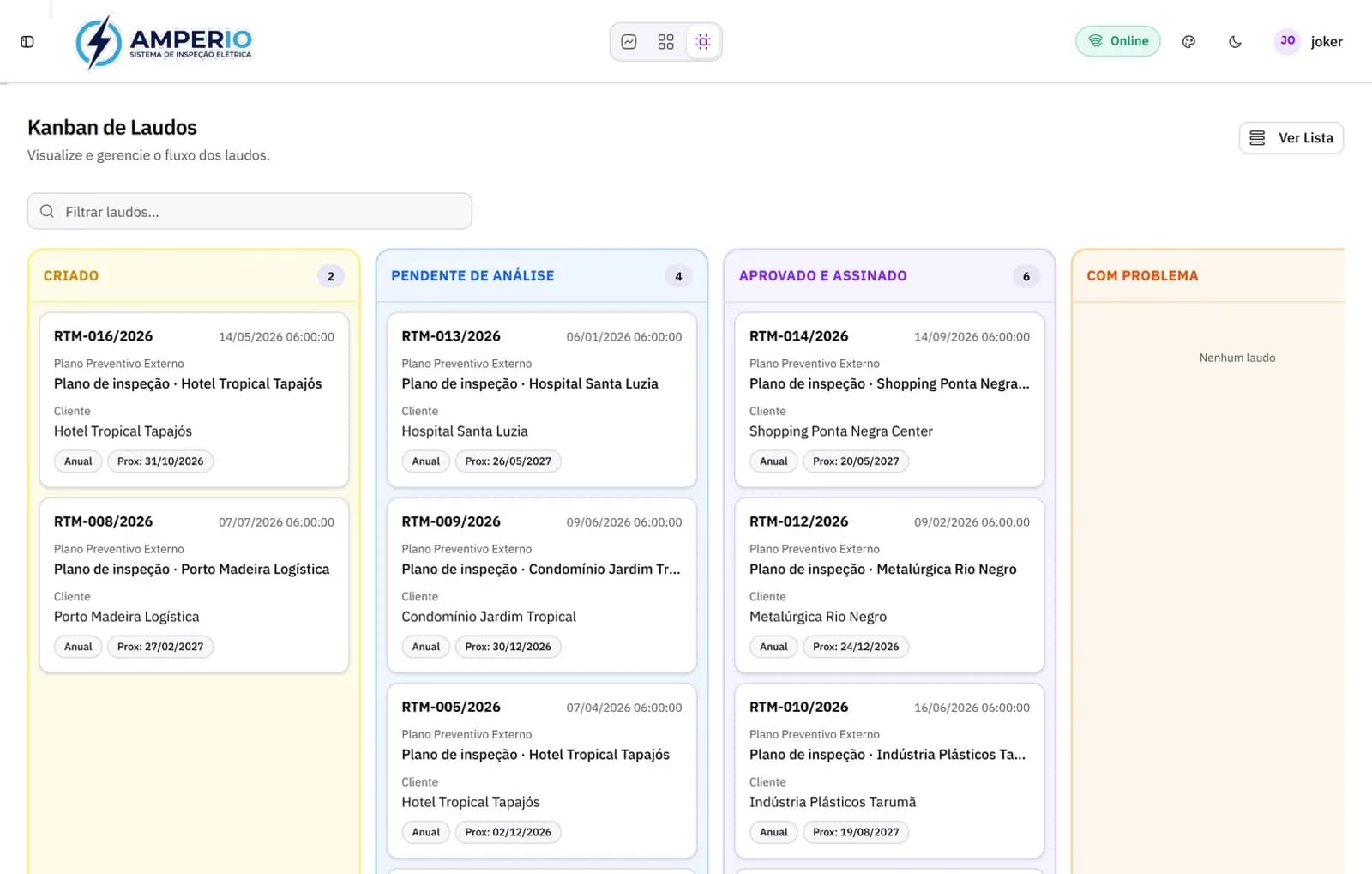 Kanban de laudos em análise e aprovados