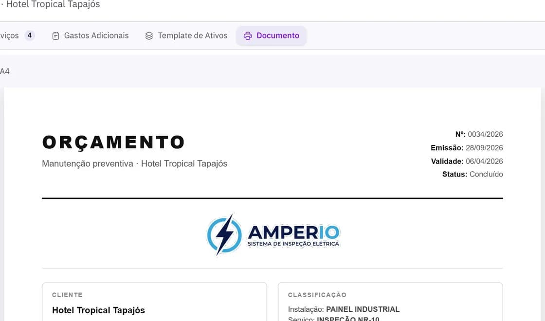 Documento de orçamento gerado pelo sistema
