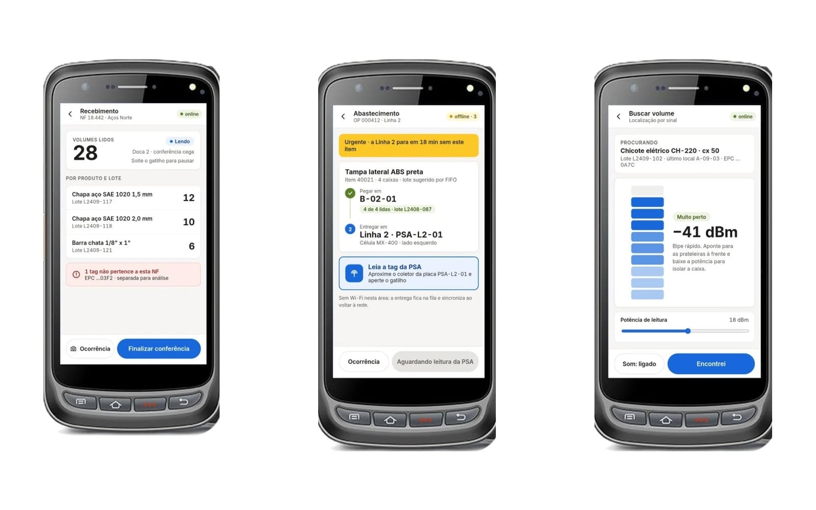 Três telas do app no coletor: recebimento, abastecimento e busca por sinal