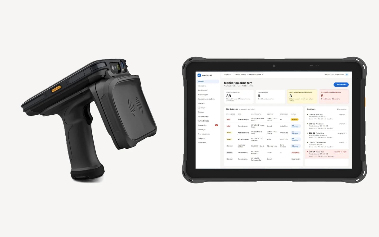 Coletor RFID ao lado de um tablet robusto com o sistema aberto